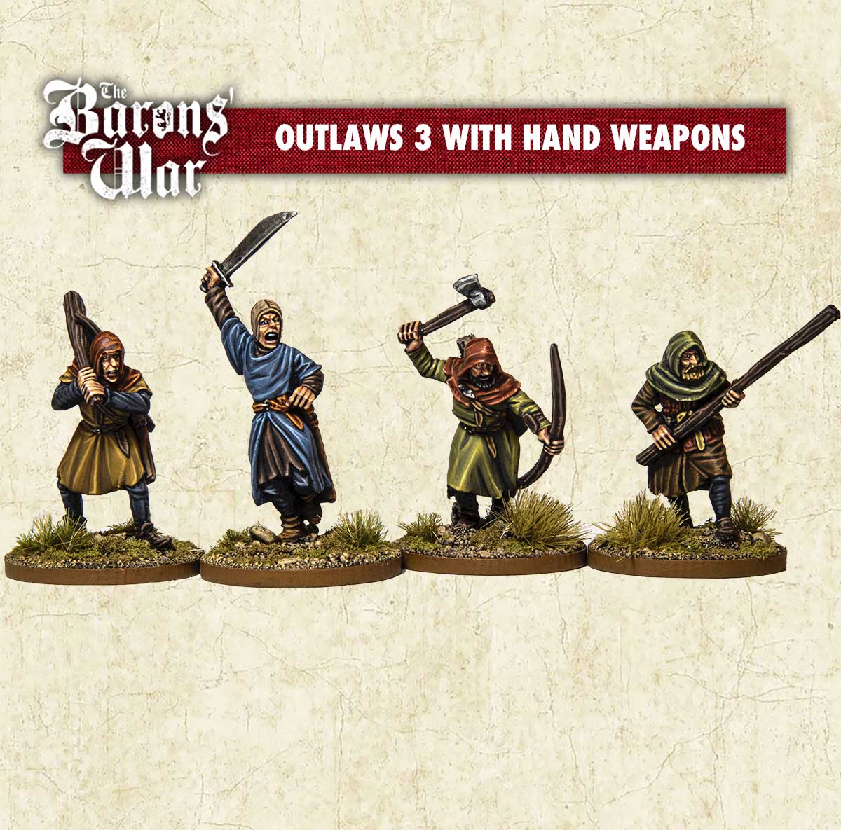 Baron's War Outlaws 3 with hand weapons 28mm historical miniatures
